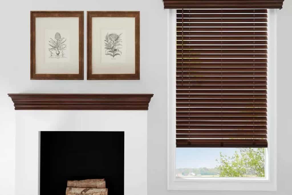 Hunter Douglas Parkland® Wood Blinds on window in living room